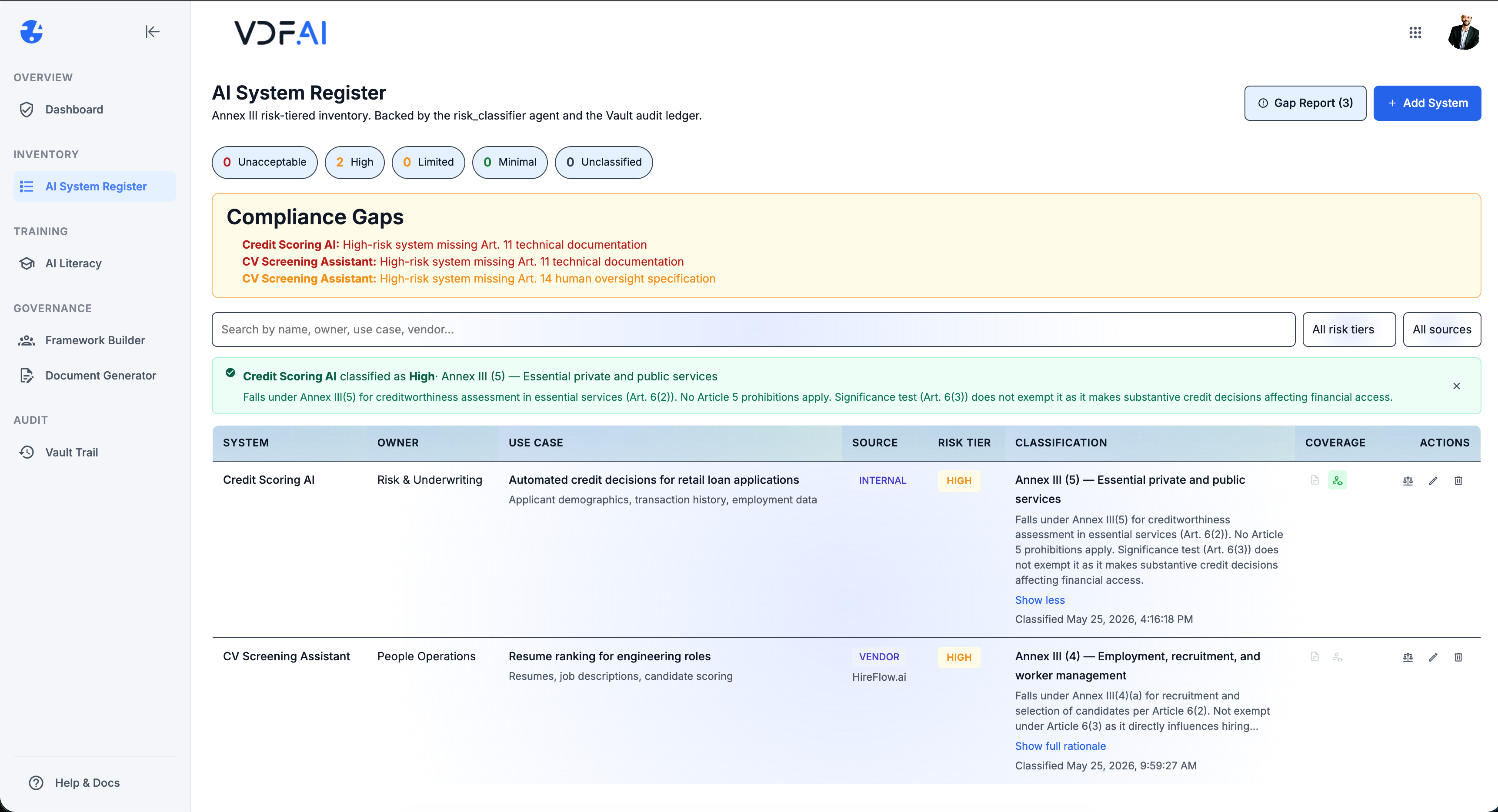 VDF AI System Register surfacing compliance gaps under the EU AI Act